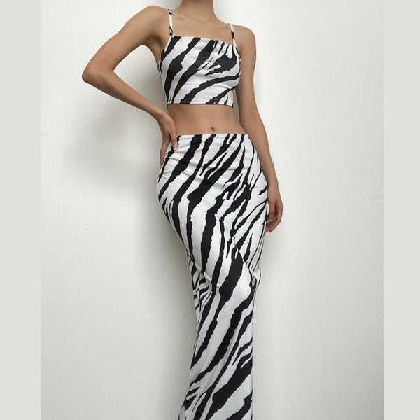 Ensemble jupe longue camisole dos nu à col carré contrasté côtelé