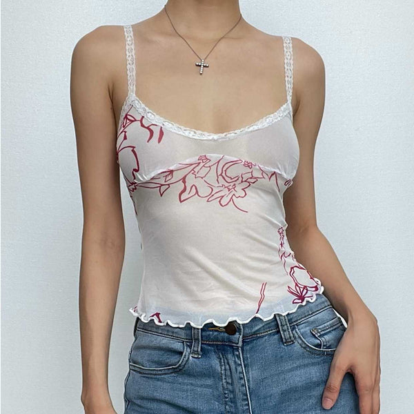 Haut court en maille transparente à imprimé floral sans manches avec ourlet en dentelle 