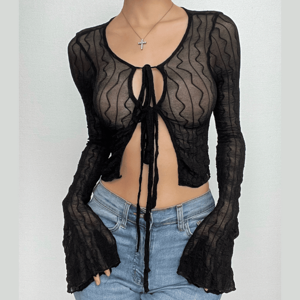 Self tie see through long flared sleeve textured crop top