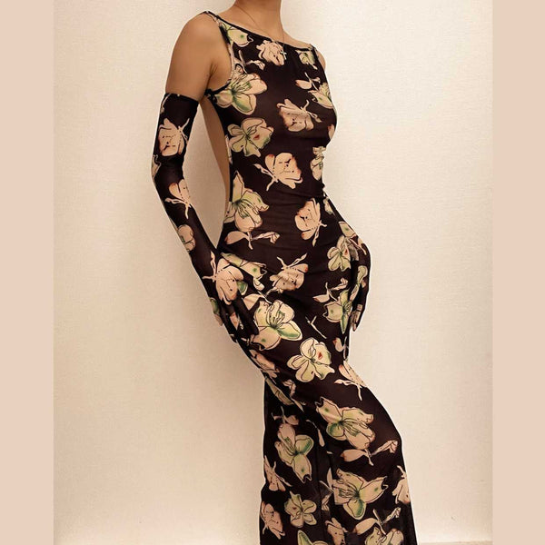 Sheer mesh sleeveless gloves backless flower pattern midi dress  | samba dress