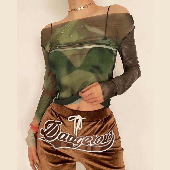 Long sleeve off shoulder mesh see through print top - Halibuy