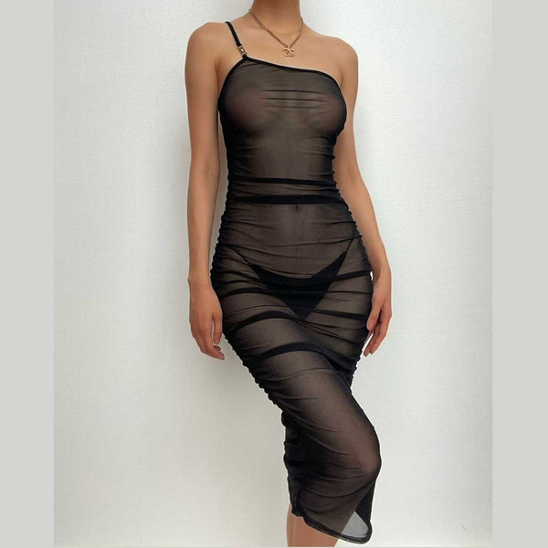 Robe midi asymétrique froncée en maille transparente | robe samba 