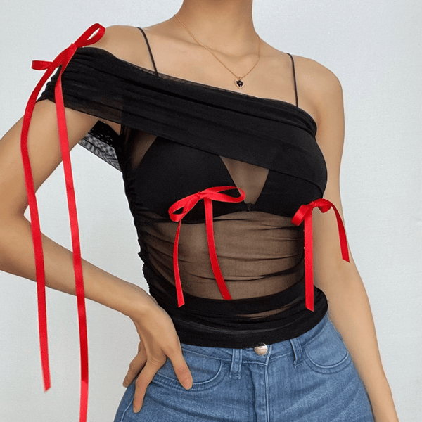 Sheer mesh see through bowknot irregular off shoulder top