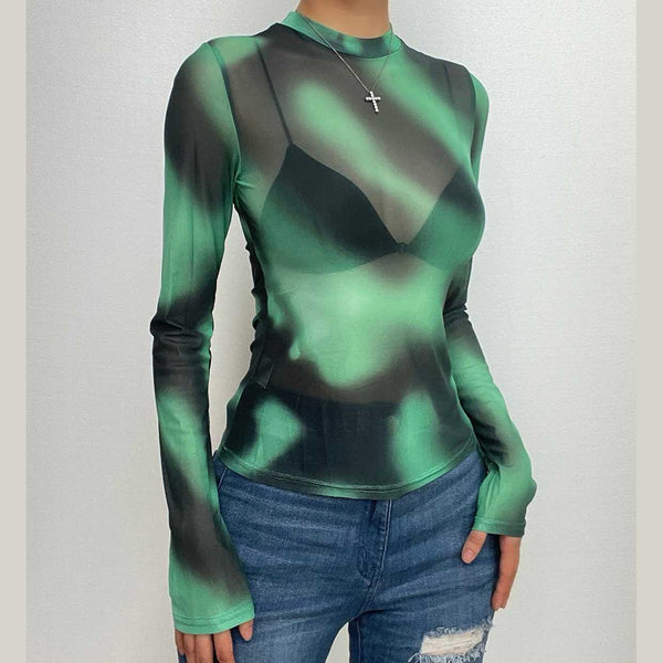 Haut ras du cou à manches longues et col rond en maille transparente et tie-dye contrastée 