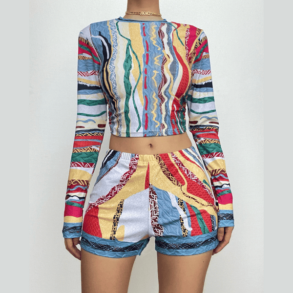 Ensemble pantalon à manches longues et col ras du cou à imprimé contrasté