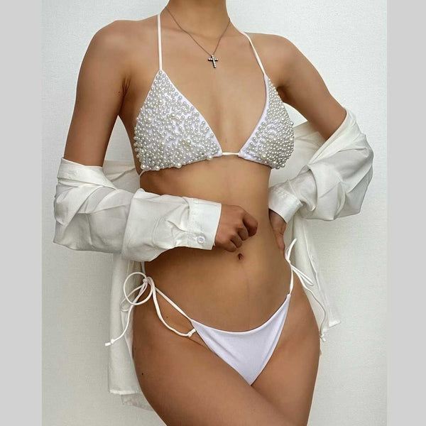Maillot de bain bikini dos nu uni à nouer et licou en perles