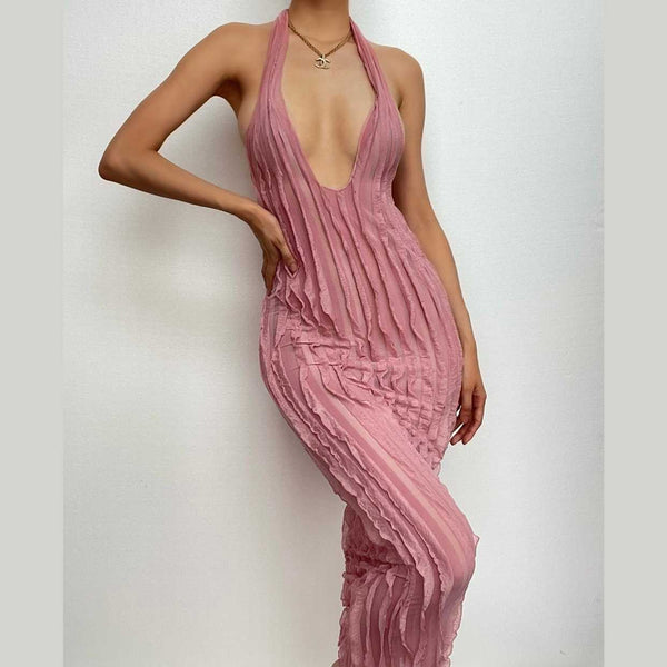 Textured ruffle solid halter self tie v neck backless maxi dress  | red tango dress