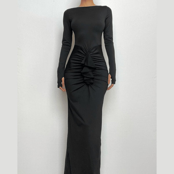 Robe longue froncée à manches longues et col rond avec gants unis 