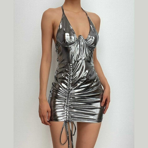 Cross front drawstring low cut metallic halter solid mini dress  | black rave dress  | black rave dress