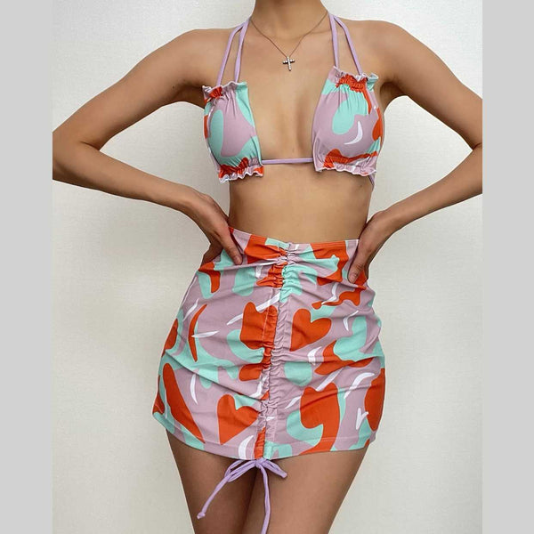 Maillot de bain 3 pièces dos nu rembourré à imprimé contrasté et cordon de serrage