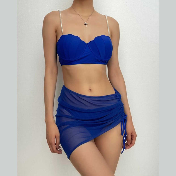 Maillot de bain 3 pièces en maille avec cordon de serrage et dos nu rembourré, motif perles
