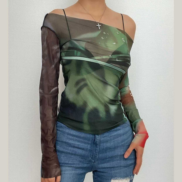 Long sleeve off shoulder sheer mesh see through print top