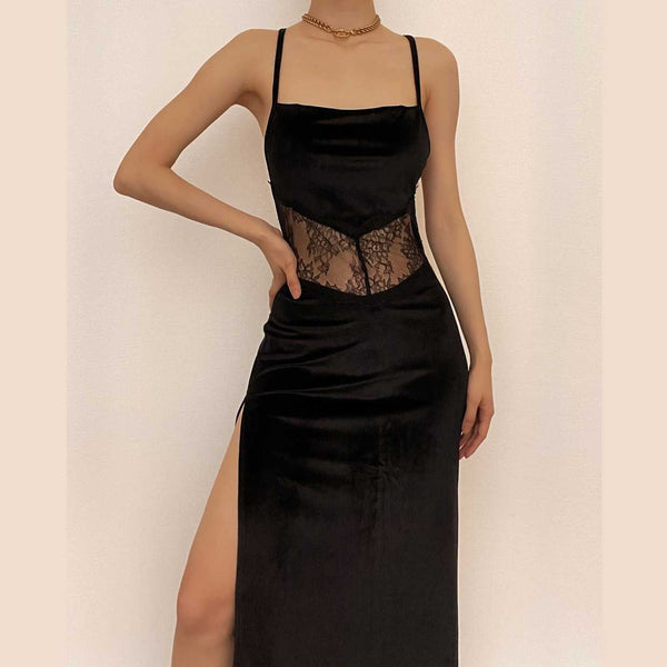 Cowl neck lace hem slit backless velvet cross back midi dress  | black rave dress  | black rave dress