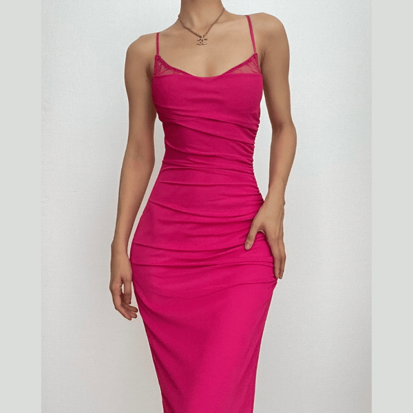 Robe midi en maille froncée, col carré, dos nu, couleur unie | robe tango rouge