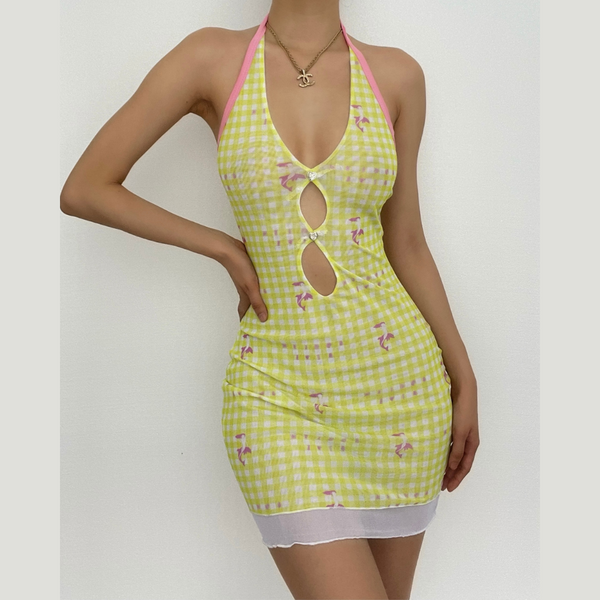 Robe courte dos nu à volants et imprimé contrasté en maille transparente | robe samba 