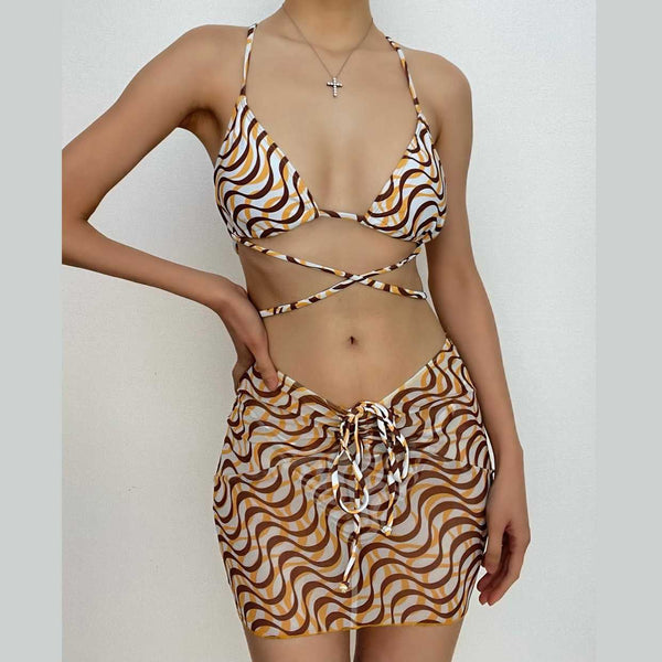 Maillot de bain 4 pièces dos nu en maille à imprimé contrasté et dos croisé 