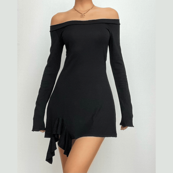 Ruffle solid long sleeve irregular off shoulder mini dress  | red tango dress