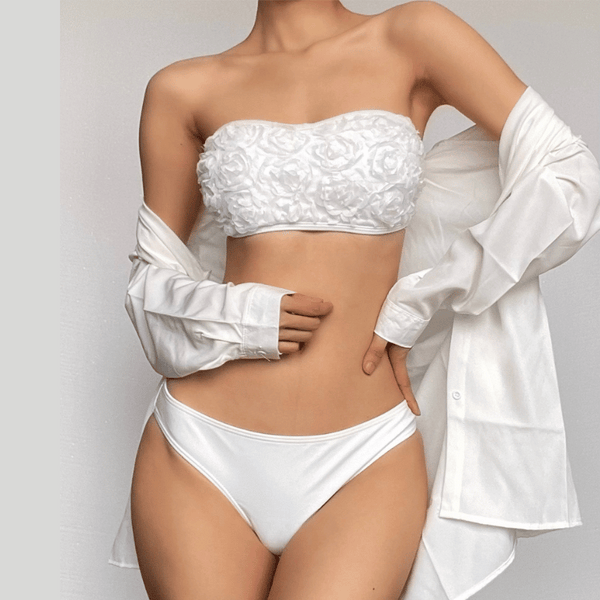 Maillot de bain bikini tube uni avec appliques florales 