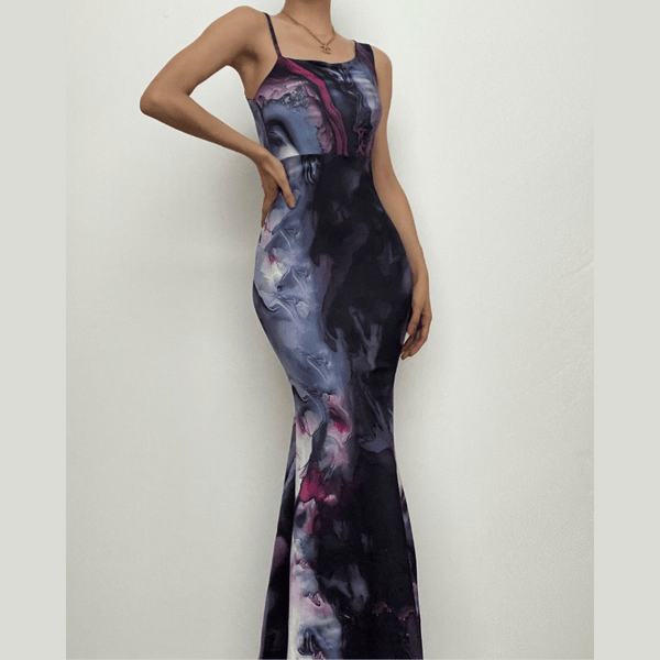 Robe longue dos nu sans manches à imprimé contrasté irrégulier
