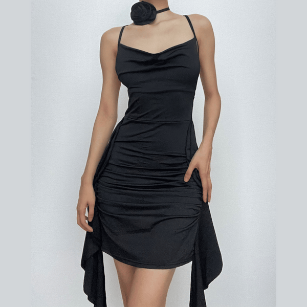 Cowl neck flower applique ruched backless solid mini dress  | red tango dress