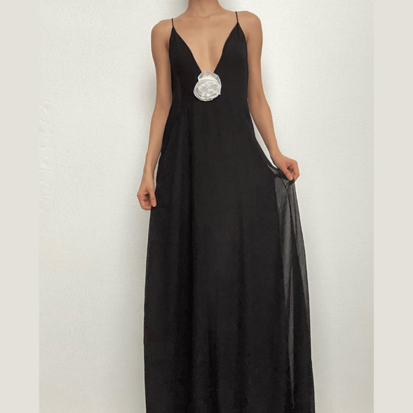 Flower applique v neck ruched zip-up cross back maxi dress  | black rave dress  | black rave dress