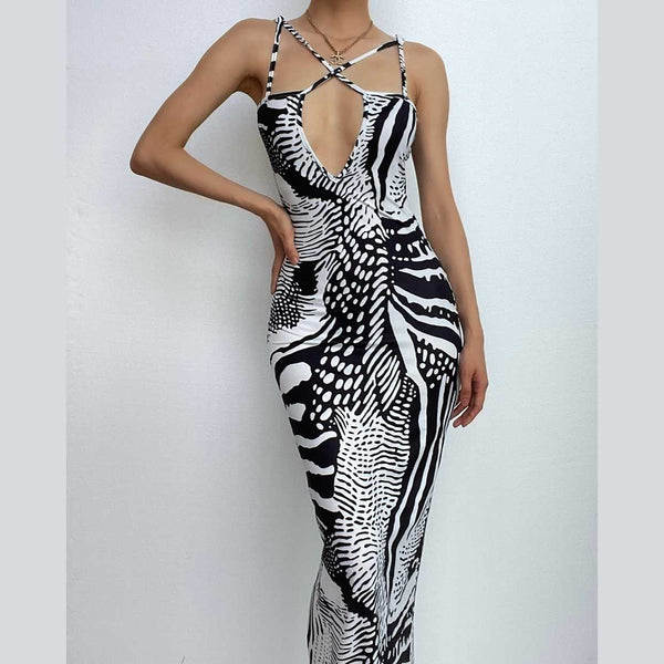 Contrast print cross front backless low cut maxi dress  | black rave dress  | black rave dress