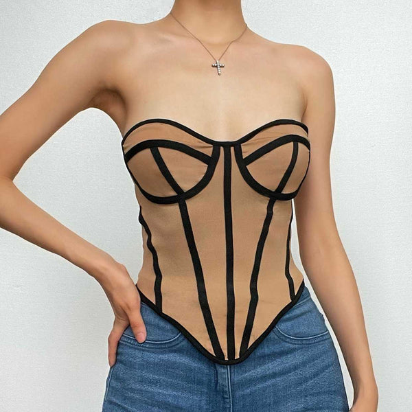 Haut bustier tube dos nu à col en cœur contrasté en maille 