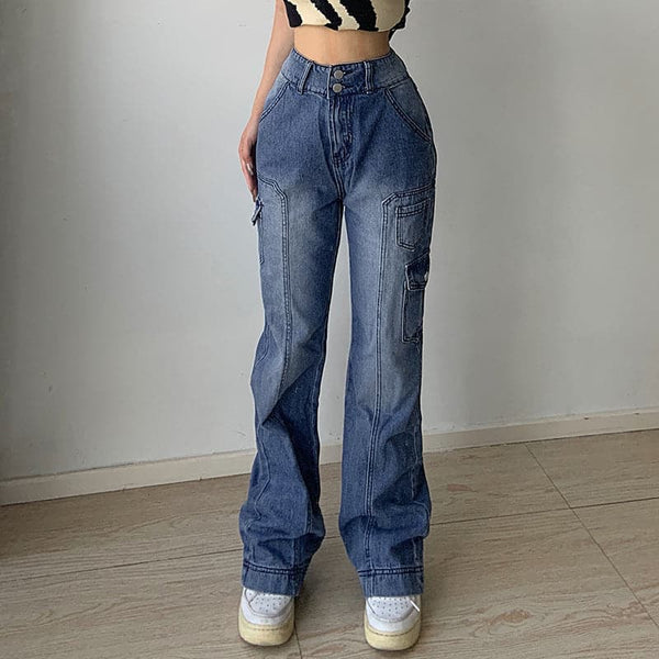 Jean taille haute à jambe droite et poches boutonnées dégradées 