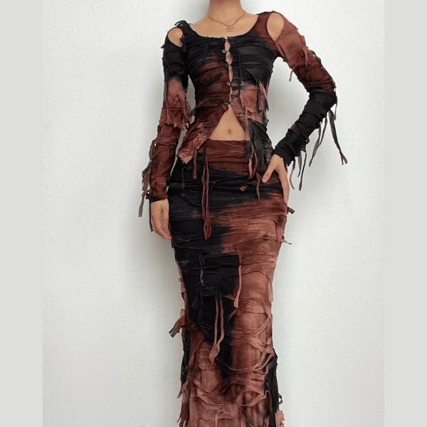 Ensemble jupe longue taille basse zippée contrastée à motif tie-dye texturé 