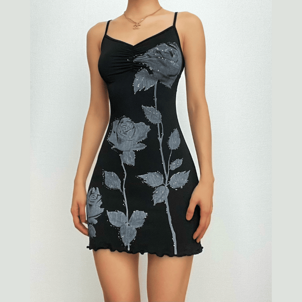 Mini-robe camisole dos nu à col en V contrasté à motif rose 