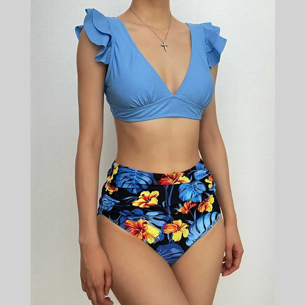Maillot de bain bikini à manches courtes et volants contrastés, imprimé feuilles et lacets
