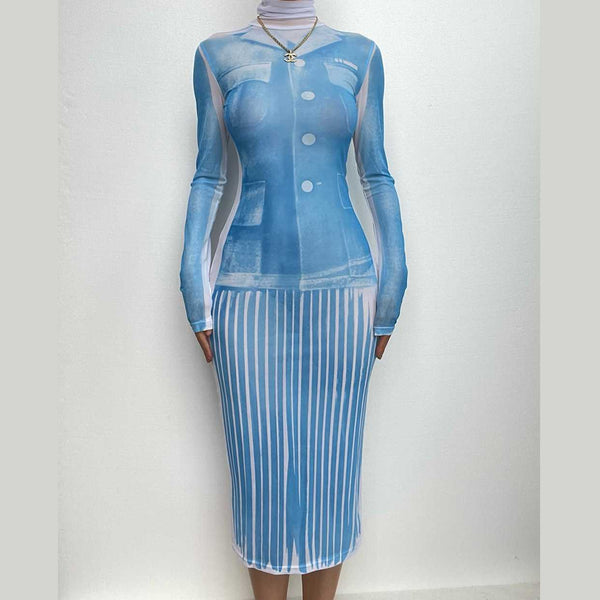 Robe midi transparente à col roulé et manches longues avec imprimé contrasté | robe samba 
