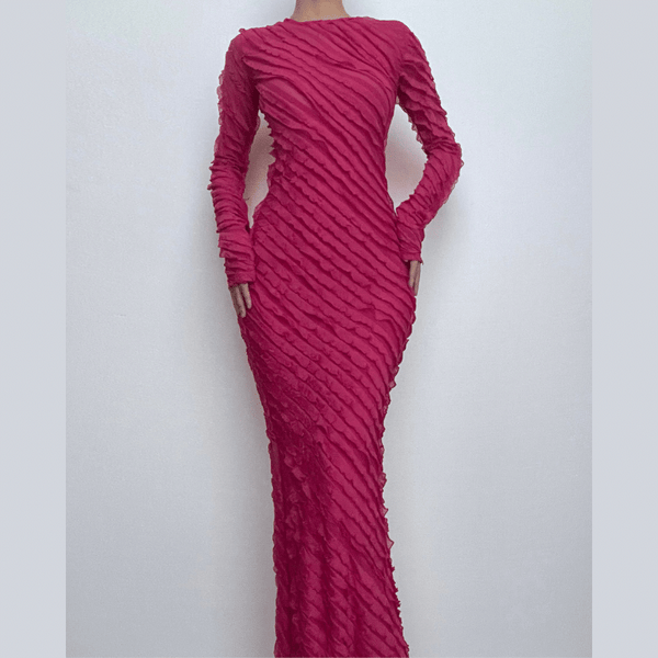 Textured long sleeve crewneck ruffle solid maxi dress  | red tango dress
