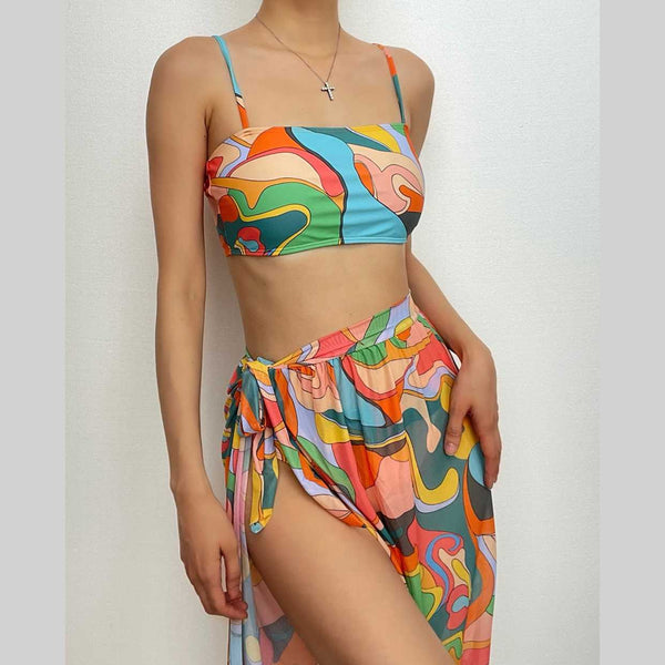 Maillot de bain 3 pièces en maille à imprimé contrasté, dos nu et noué