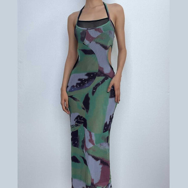 Halter self tie contrast print sheer mesh backless hollow out maxi dress  | samba dress