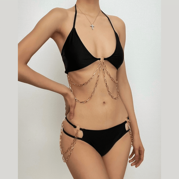 Maillot de bain bikini à nouer avec chaîne en métal, rembourré et creux