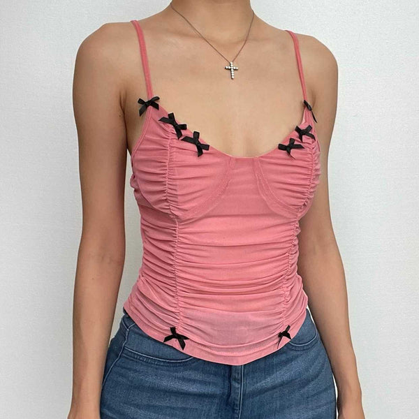 Haut camisole dos nu à col en V froncé en maille avec nœud papillon