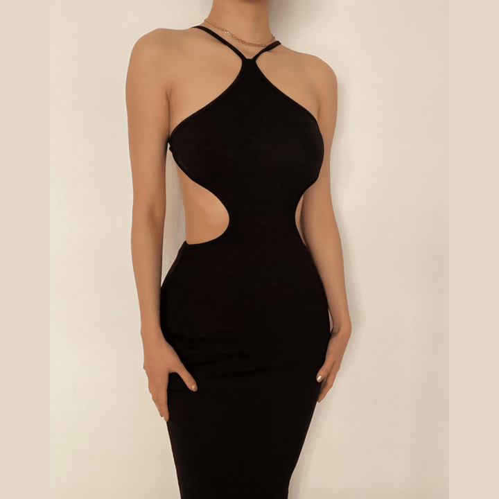 Hollow out halter open back ribbed midi dress - Halibuy