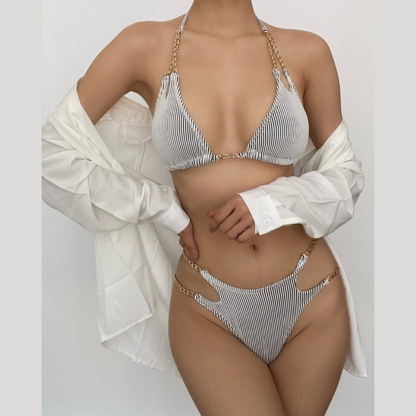 Maillot de bain bikini rayé à nouer avec chaîne en métal