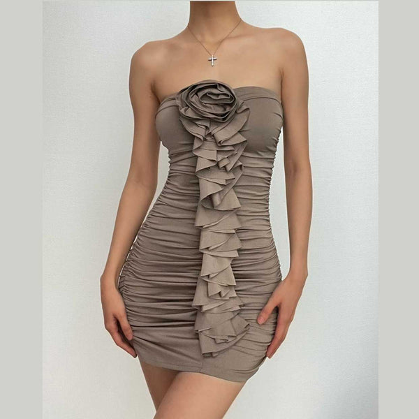 Solid ruched ruffle flower applique backless tube mini dress  | red tango dress
