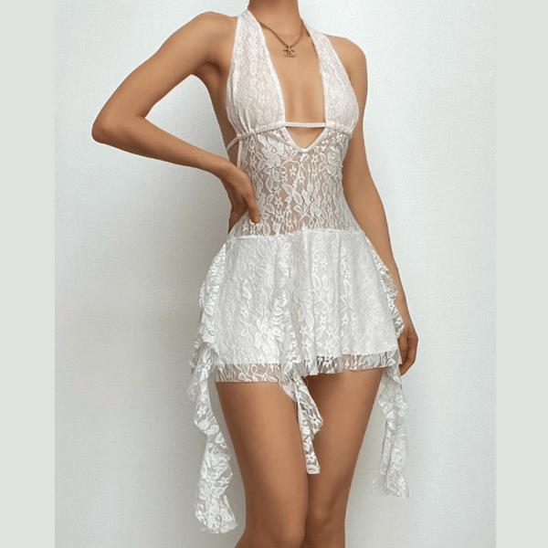 Halter v neck backless lace self tie hollow out mini dress