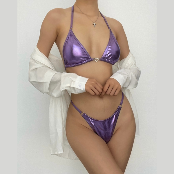 Maillot de bain 3 pièces métallisé à licou uni 