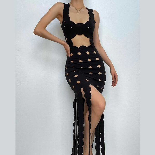 Hollow out backless sleeveless low cut solid maxi dress  | red tango dress