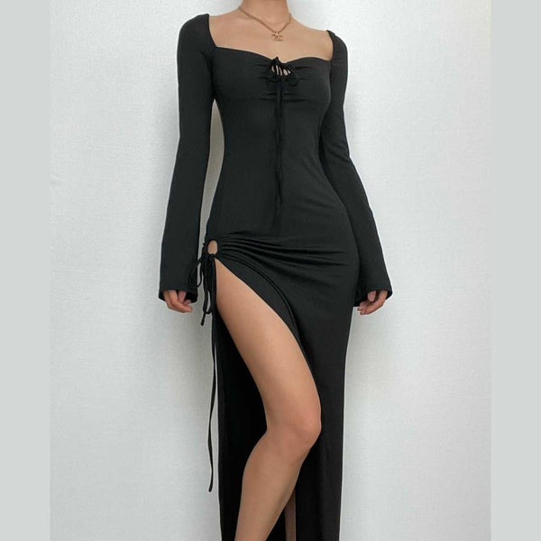 Robe longue unie à manches longues, fendue, avec cordon de serrage et dos nu 