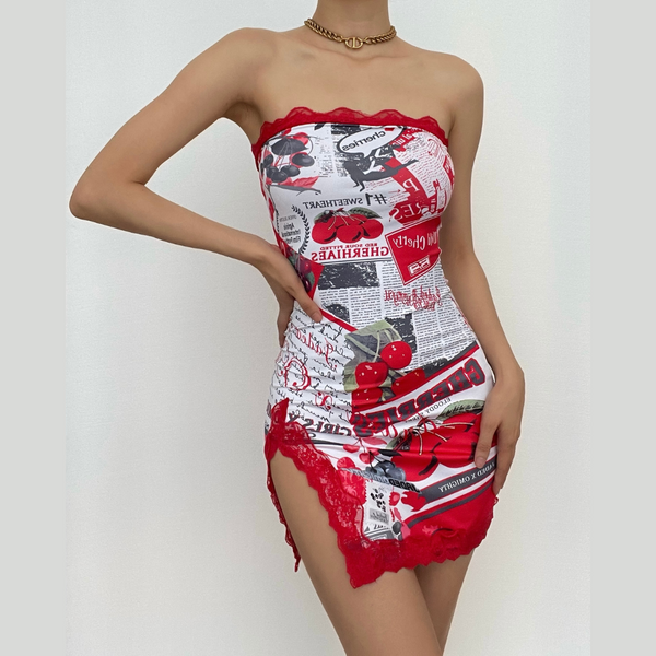 Robe tube fendue abstraite sans manches à dos nu contrasté | robe de tango rouge 