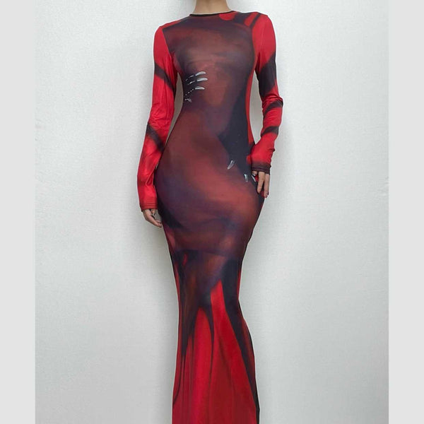 Abstract contrast long sleeve crewneck maxi dress  | red tango dress