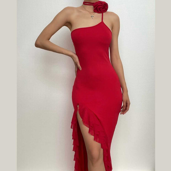 Solid one shoulder irregular ruffle flower applique maxi dress  | red tango dress