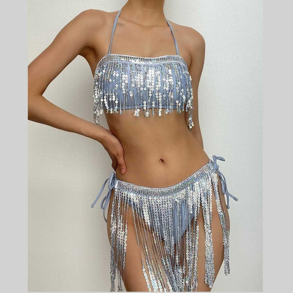 Maillot de bain bikini dos nu à nouer et à pompons pailletés contrastés