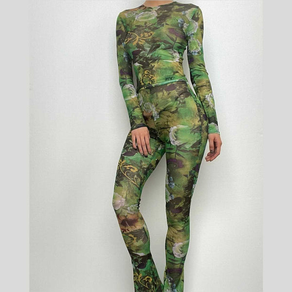 Ensemble pantalon évasé à manches longues et col ras du cou en maille transparente avec imprimé contrasté