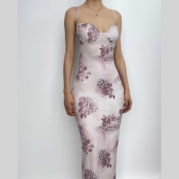 Robe midi à imprimé floral contrasté, col en cœur et dos nu